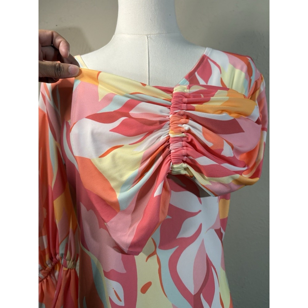 NWT Julian Chang Women Sz S Neon Sherbet Cinch Sleeve Abstract Print Blouse Top - Picture 9 of 10